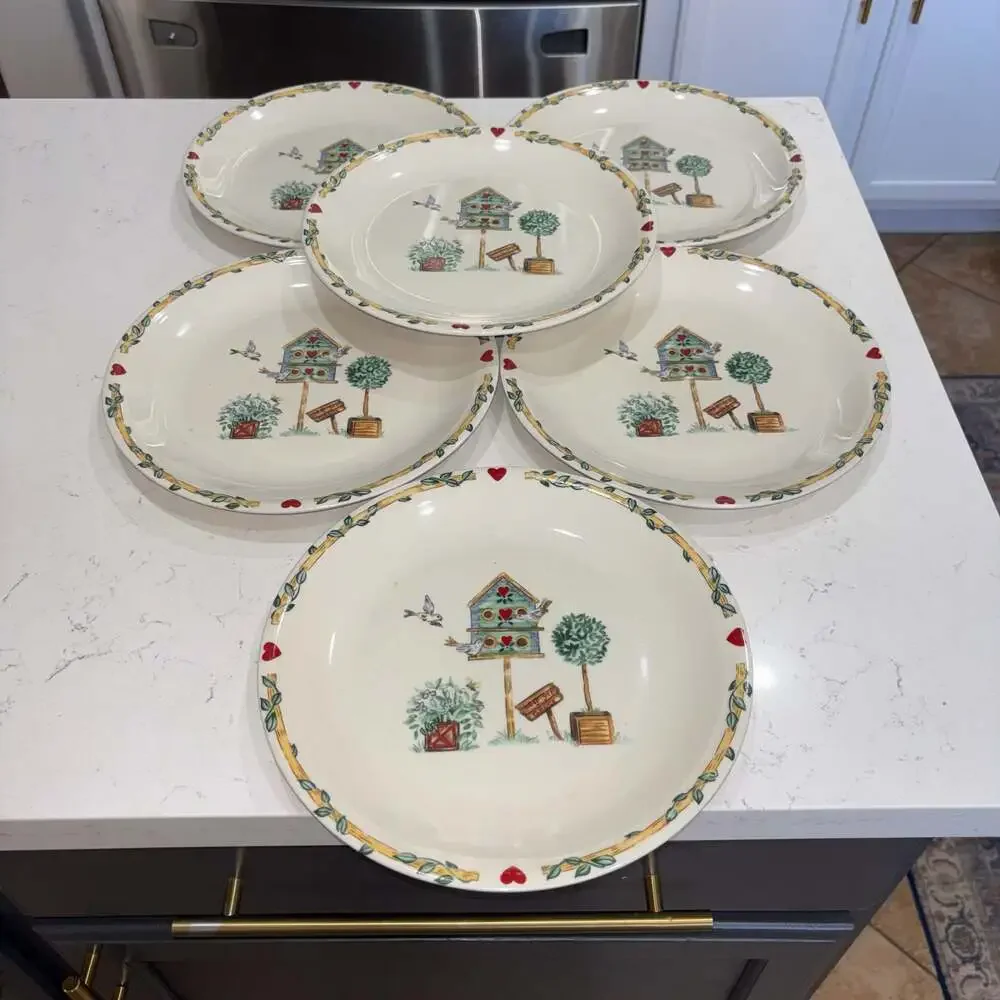 Thomson Pottery Birdhouse Pattern Dinner Plates 10.25” (6)